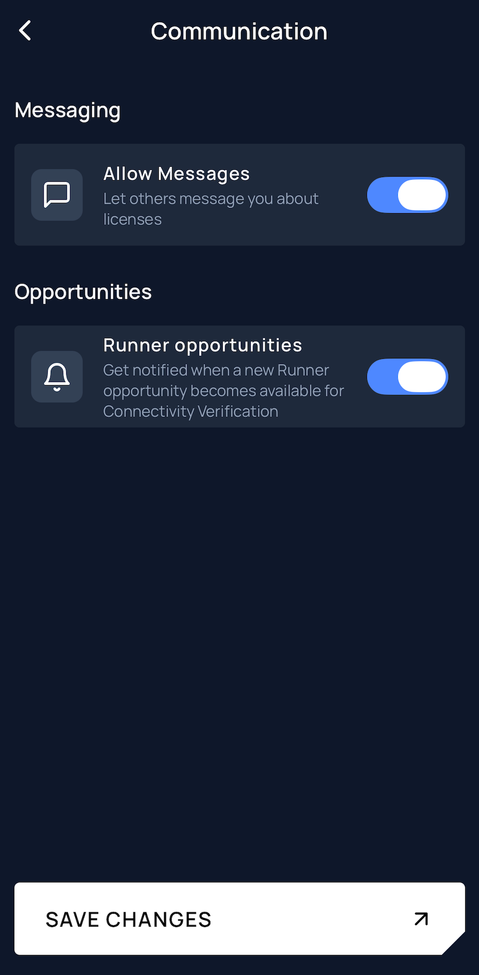 Unetwork app Communication settings showing Allow Messages and Runner opportunities